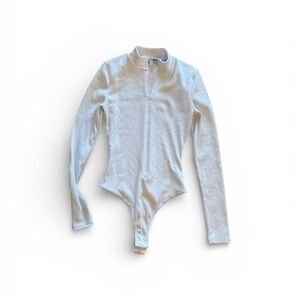 Fashion Nova Women's Zip up Bodysuit Size S White  Long Sleeve